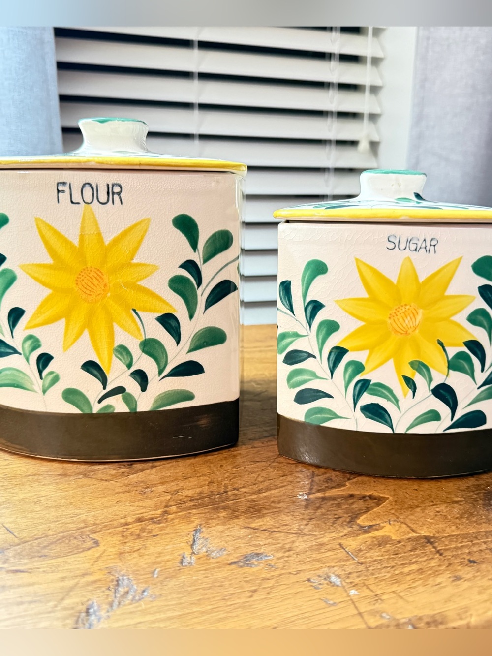 Vintage NASCO Hand Painted Sunflower Ceramic Canister Set - Flour & Sugar - MCM